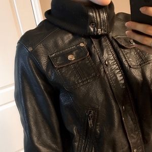 Faux Black Leather Jacket w/ Zippers/Pockets